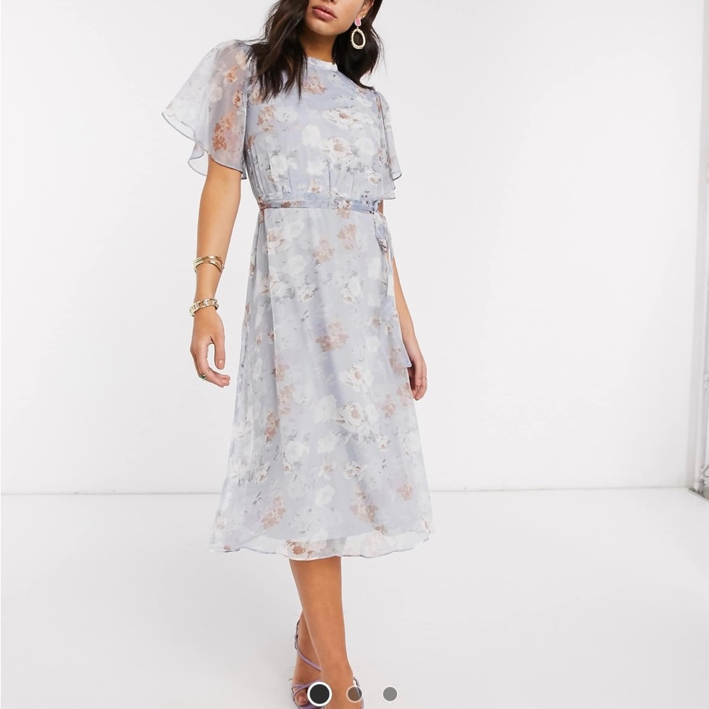 Vila chiffon midi dress with open back and flutter sleeves in soft blue floral